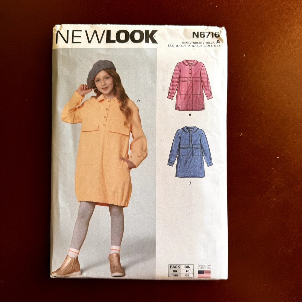 New Look Sewing Pattern Uncut 6716 Girls Shacket Shirt Dress Size‎ 3-14